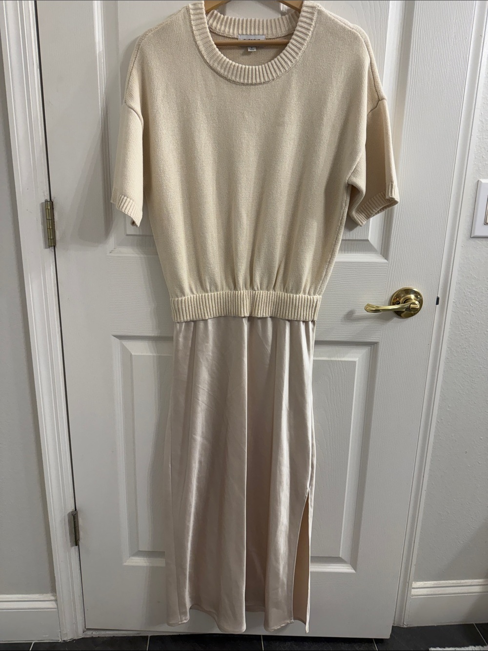 Evereve Two-Tone Cream Knit Top & Satin Midi Dress